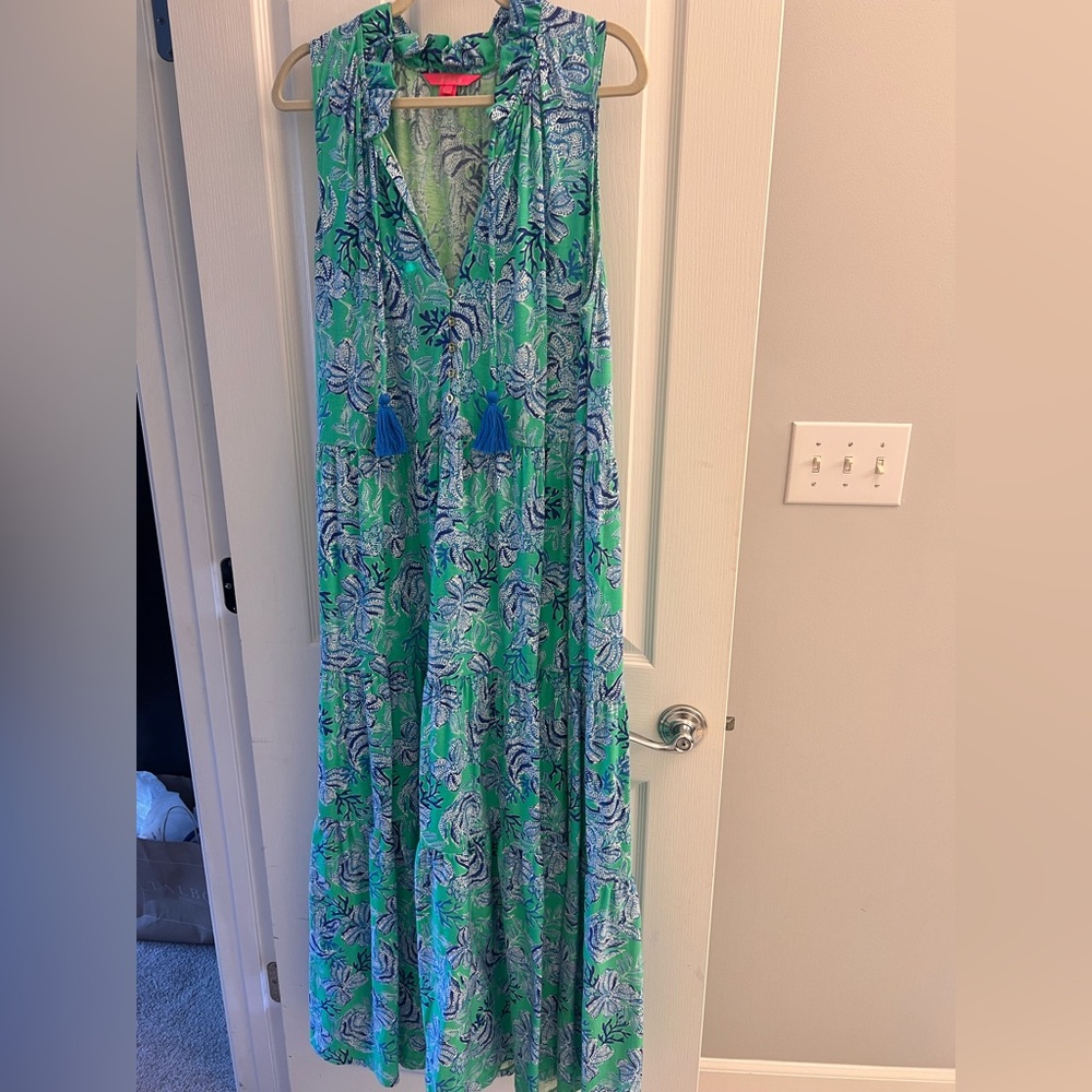 Lilly Pulitzer Sleeveless Green & Blue Floral Tassel Maxi Dress